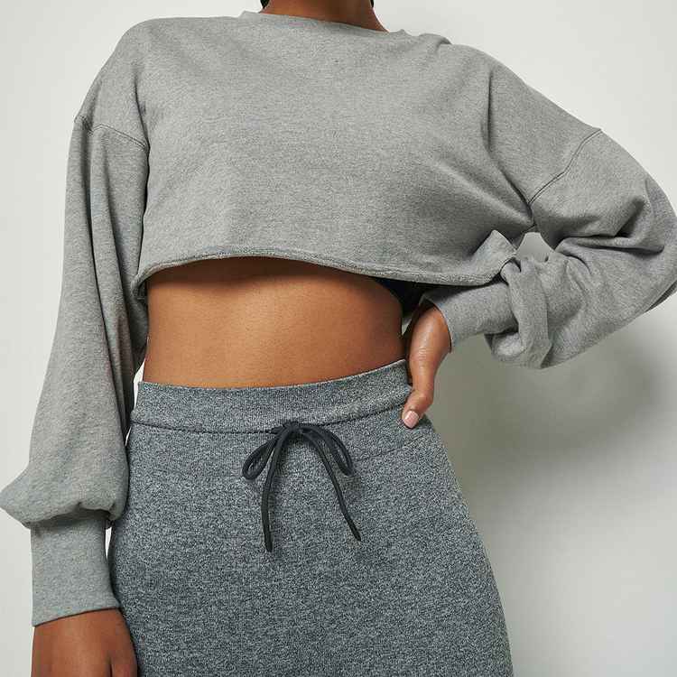 Drop Shoulder Raw Hem 100% Cotton Oversized Crop Plain Sweatshirts For Women