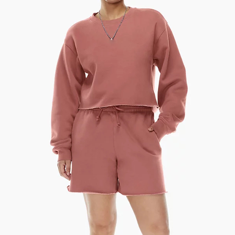 Wholesale Fleece Cotton Custom Raw Hem Crew Neck Crop Plain Sweatshirts For Women