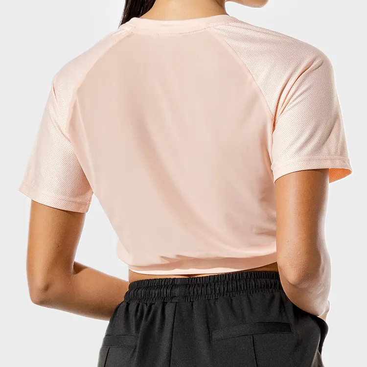 Wholesale Sweat Wicking Elastic Bottom Mesh Panel Custom Fitness Crop T Shirts For Women detail pictures