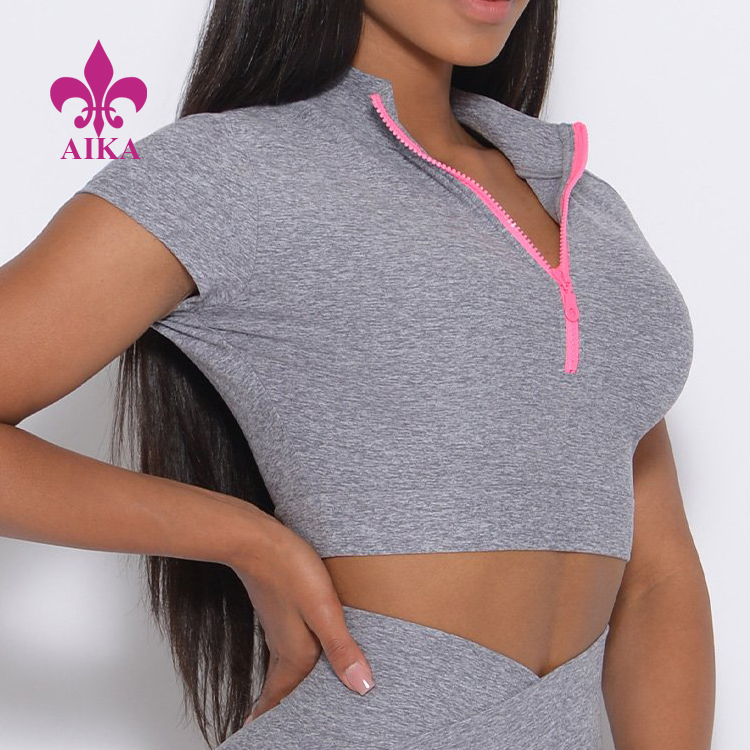 High Quality Workout Front Zipper Crop Cotton T Shirts Custom Printing For Women detail pictures