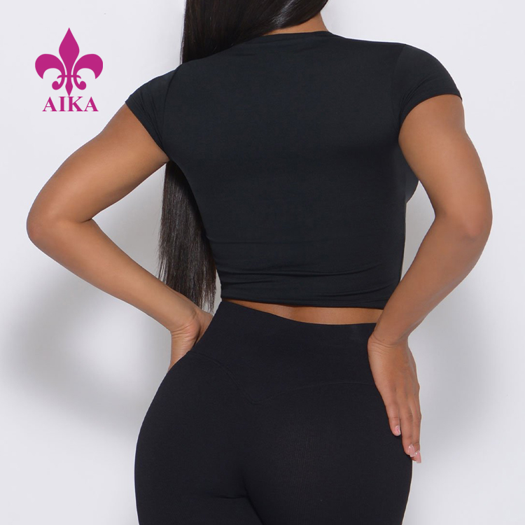 Wholesale Breathable Front Ruched Custom Design V Neck Crop Plain T Shirts For Women detail pictures