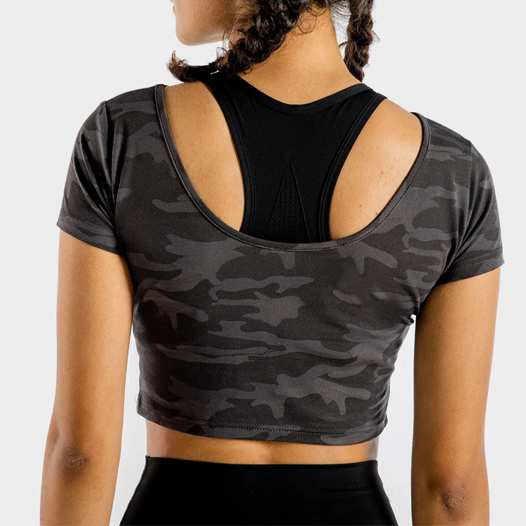 Custom Fitness Gym Shorts Sleeve Camouflage Workout Crop T Shirts For Women detail pictures