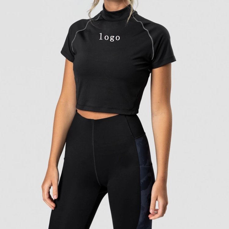 Contrast Stitching High Neck Cotton Plain Crop T Shirts Custom Printing For Women