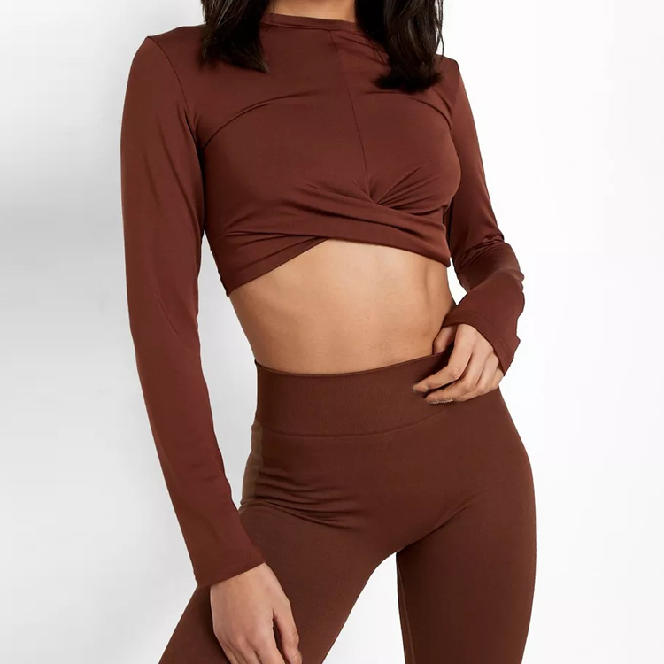 Low price for Down Vest -
Custom Logo Printing Twist Front Active Long Sleeve Fitness Crop Top Gym T Shirts For Women – AIKA detail pictures