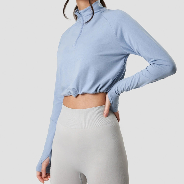 Custom Quarter Zipper Thumb Hole Long Sleeve Gym Crop Top Fitness T Shirt For Women