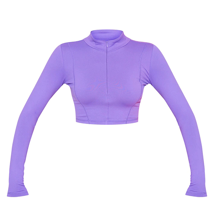 Custom Half Zipper Slim Fit Long Sleeve Gym Crop Top Fitness T Shirt For Women detail pictures