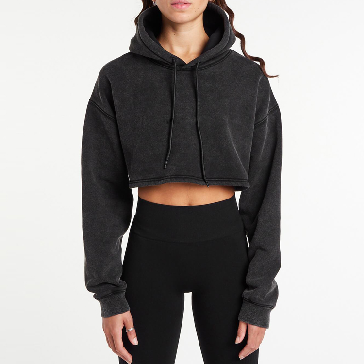 Wholesale Acid Washed 100% Cotton Embossed Logo Women Crop Blank Hoodies