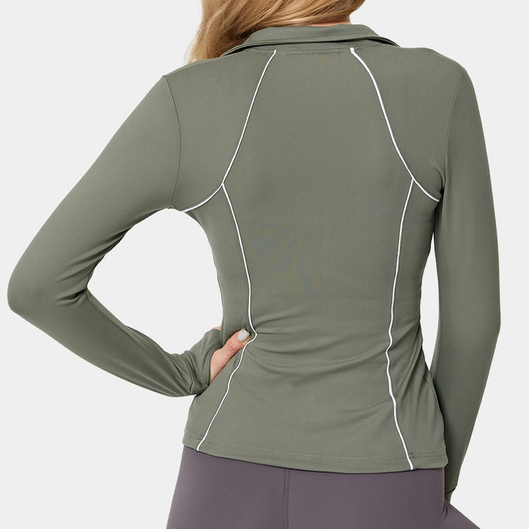 Top Quality Custom Funnel Neck Hole Thumb Contrast Trim Zip Up Sports Jacket For Women detail pictures