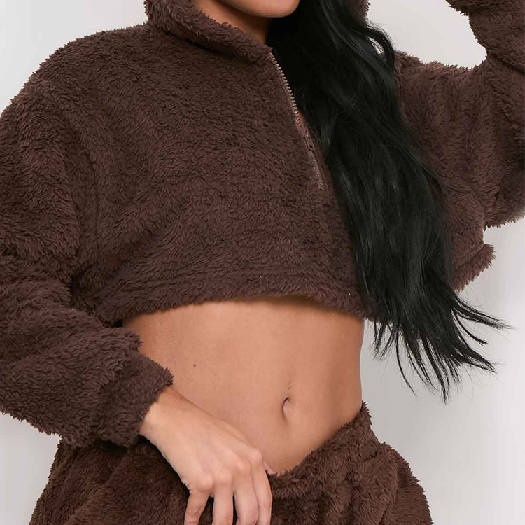 Wholesale Custom Embroidery Fluffy Teddy Borg Quarter Zipper Women Crop Fleece Hoodie detail pictures
