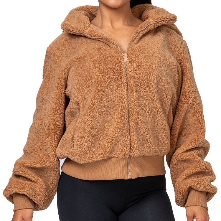Winter Heavy Weight Embroidery Logo Custom Crop Treddy Women Sports Zip Up Jacket
