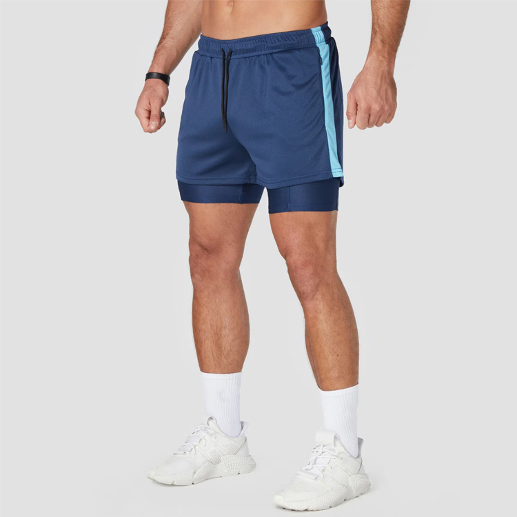 OEM Drawstring Waist Side Strip Fitness Athletic 2 In 1 Mesh Gym Shorts Custom Logo For Men