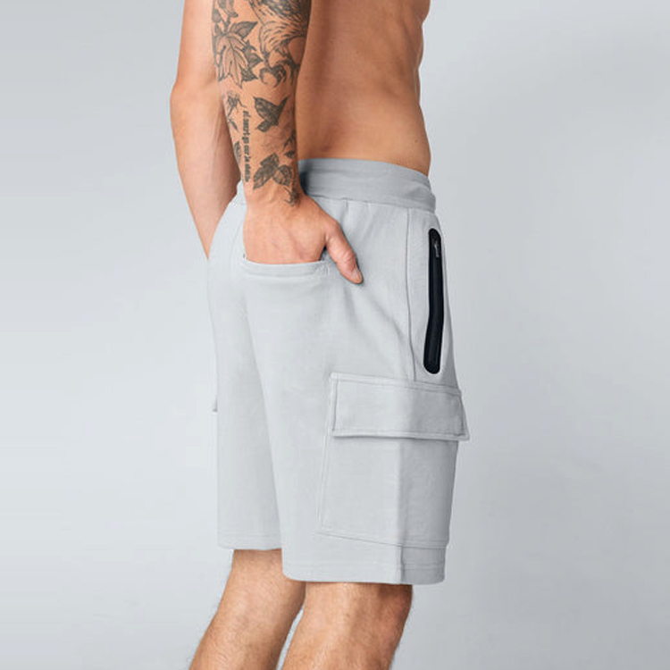 Hot Sale Drawstring Waist Workout Sports Cargo Pocket Sweat Cotton Shorts For Men detail pictures