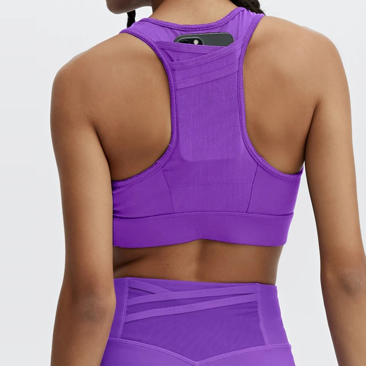 Wholesale Breathable Custom Racer Back Phone Pocket Push Up Crop Yoga Bra For Women detail pictures