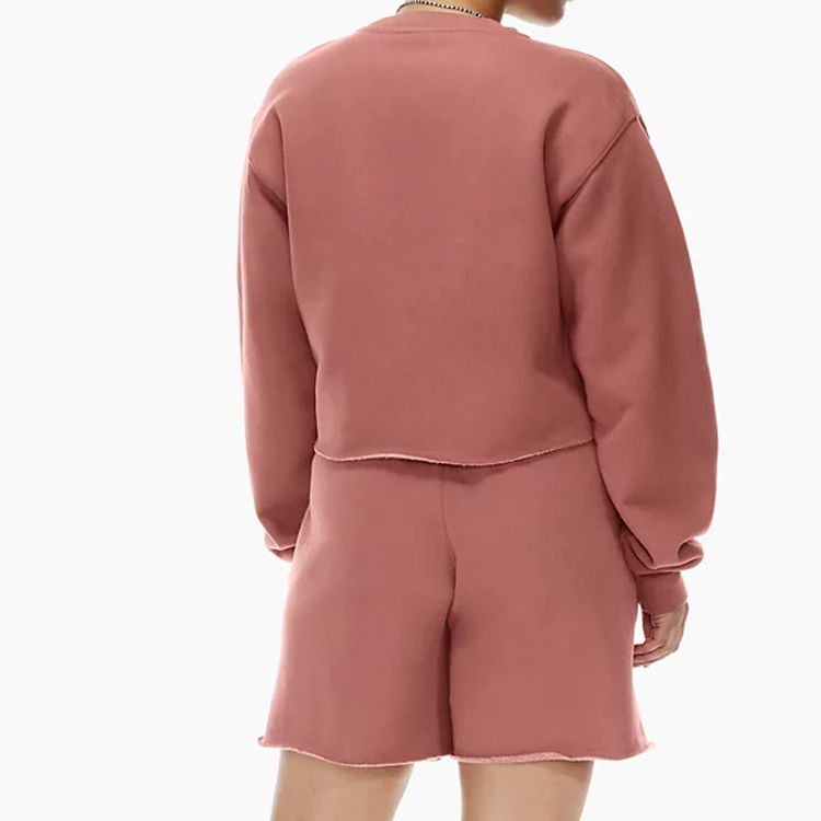 Wholesale Fleece Cotton Custom Raw Hem Crew Neck Crop Plain Sweatshirts For Women detail pictures