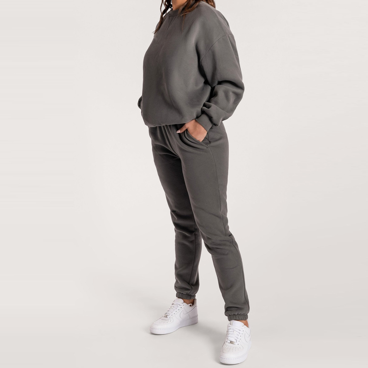 Custom 100% Fleece Cotton Crew Neck Sweatsuit Unisex Jogger Tracksuit Set For Women detail pictures