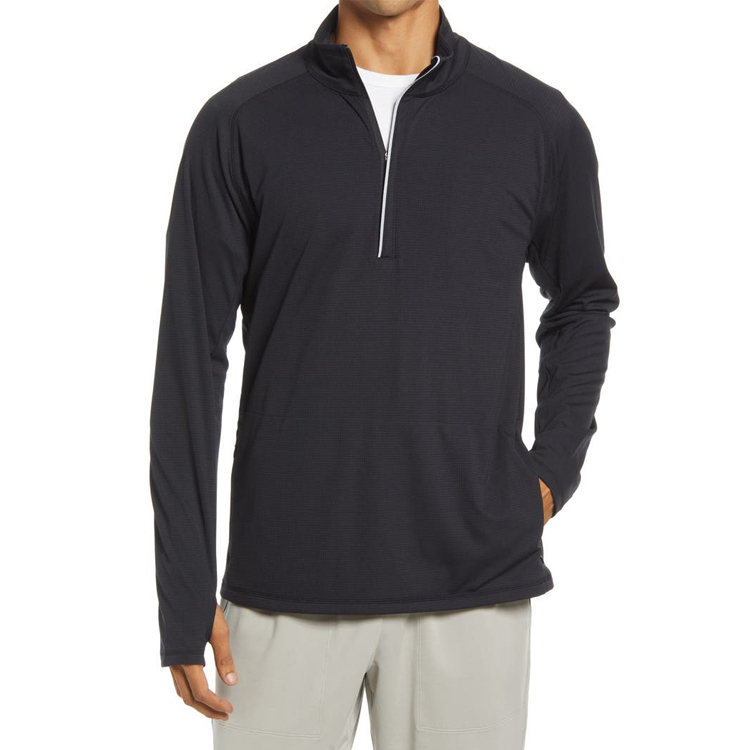 Lightweight Quick Dry Printed Logo Men Quarter Zip Long Sleeve Gym T Shirt With Thumb Hole