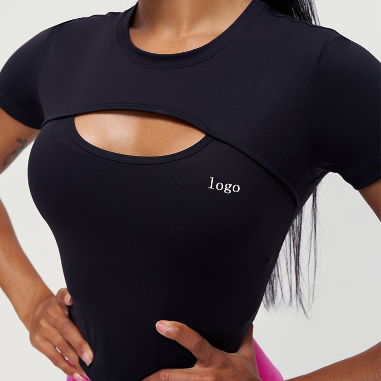Wholesale Front Hollow Out Custom Logo Blank Fitted Crop Gym T Shirts For Women detail pictures