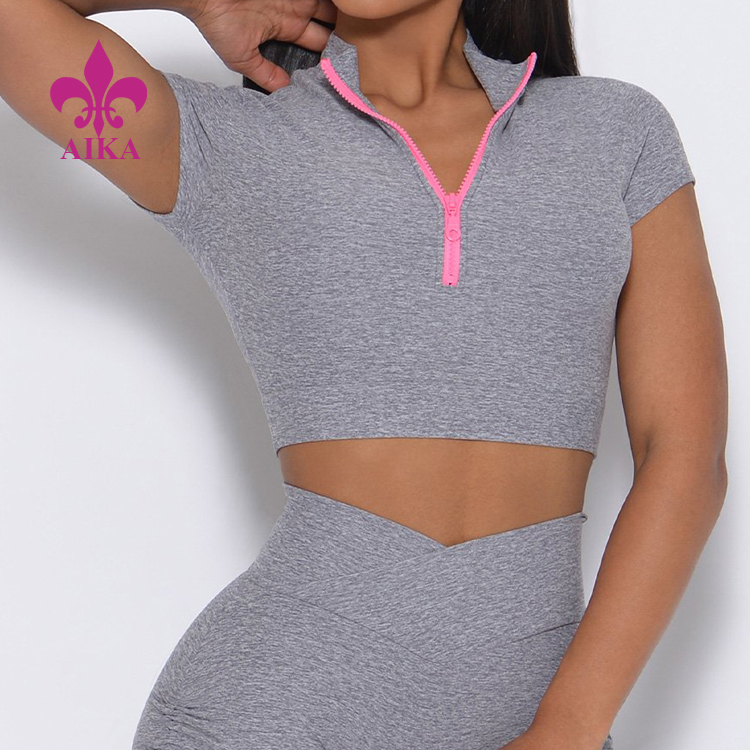 High Quality Workout Front Zipper Crop Cotton T Shirts Custom Printing For Women detail pictures