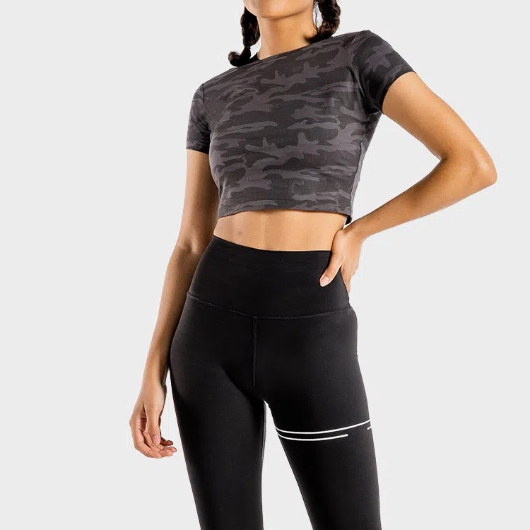 Custom Fitness Gym Shorts Sleeve Camouflage Workout Crop T Shirts For Women detail pictures