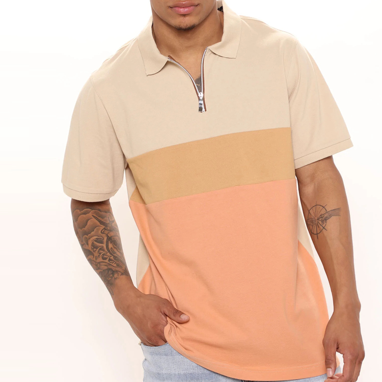 Wholesale Custom Color Block Quarter Zipper Workout Blank Men Cotton Polo T Shirts detail pictures