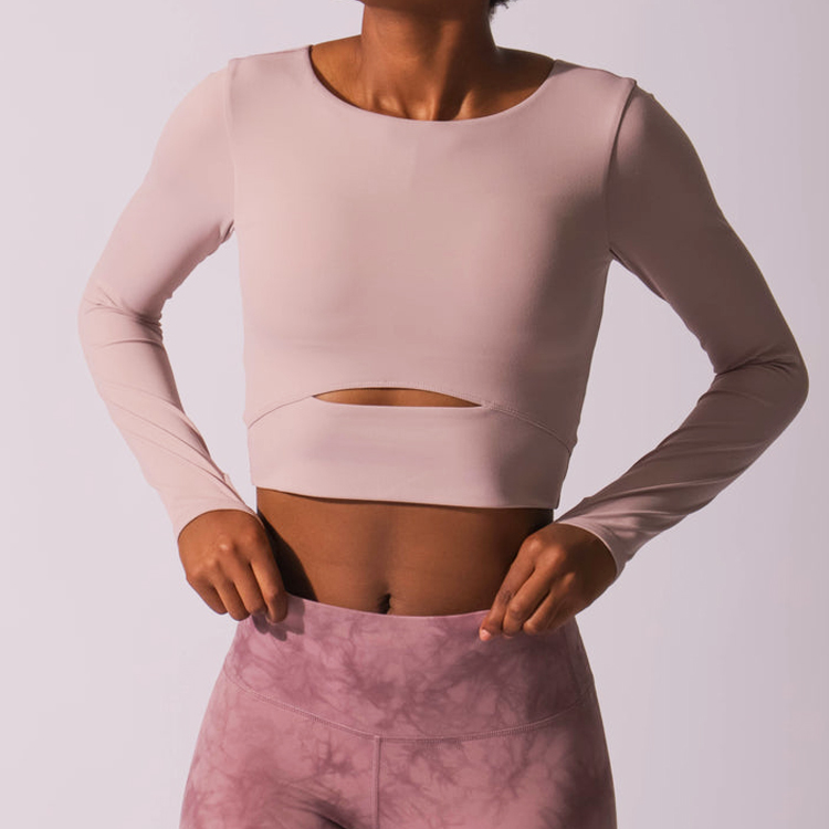 High Quality Front Hollow Out Fitness Crop Top Long Sleeve Gym T Shirts For Women