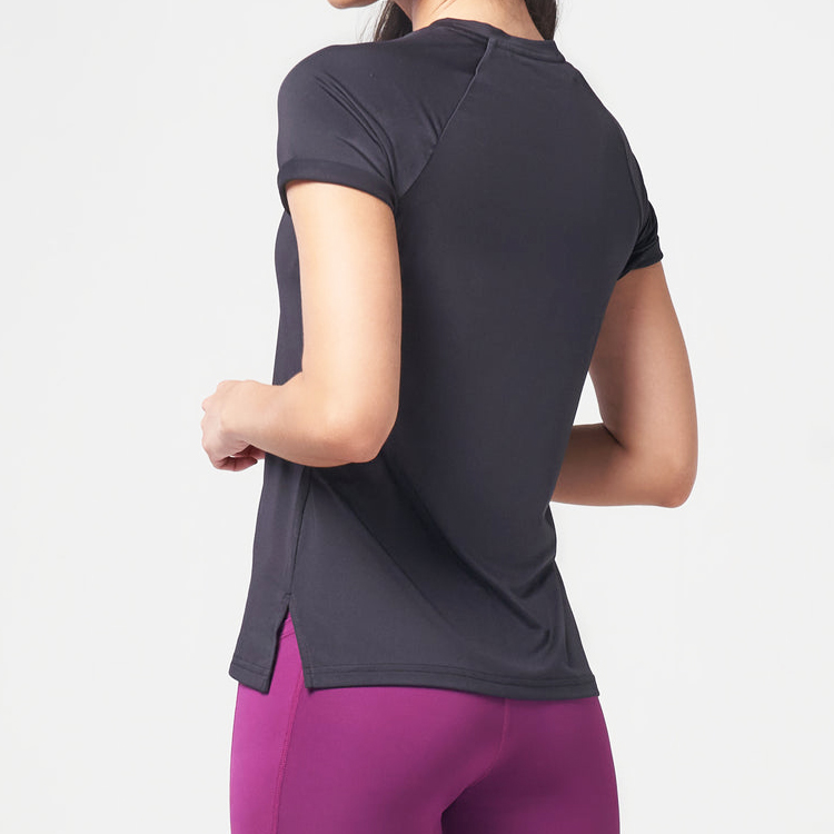 Excellent quality Women Pants -
High Quality Polyester Side Mesh Panel Bottom Split Custom Plain Women Gym Fitness T Shirts – AIKA detail pictures