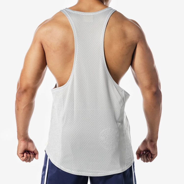 Factory Price Mesh Back Custom Logo Muscle Stringer Racer Back Men Gym Tank Tops detail pictures