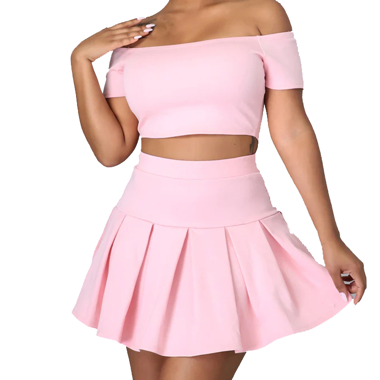 Factory Hot Sell Two Pieces Off Shoulder Crop Top Women Pleated Tennis Skirts Set