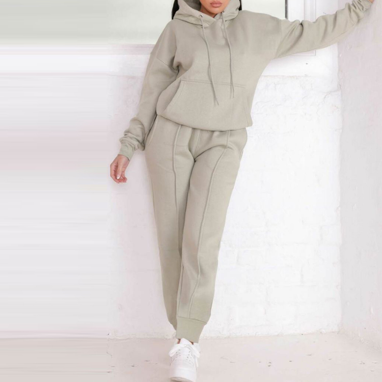 Custom Logo 100% Cotton Women Loose Fit Blank Hoodie Jogger Tracksuit Set