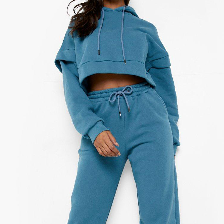 Custom 80%Cotton 20%Polyester Fleece Inside Jogging Set Crop Tracksuit For Women detail pictures