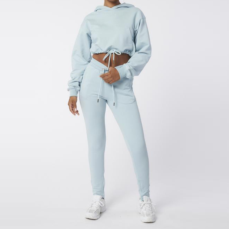 Wholesale Lightweight Custom Logo Women Sports Workout Crop Hoodies Jogger Tracksuit Sets