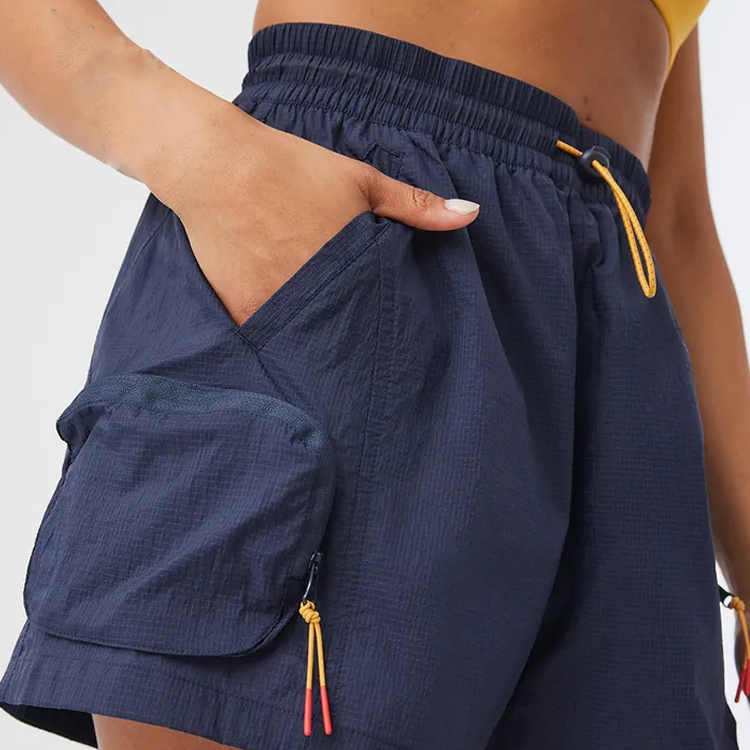 100% Polyester Drawstring Waist Custom Logo Windbreaker Gym Running Shorts For Women detail pictures