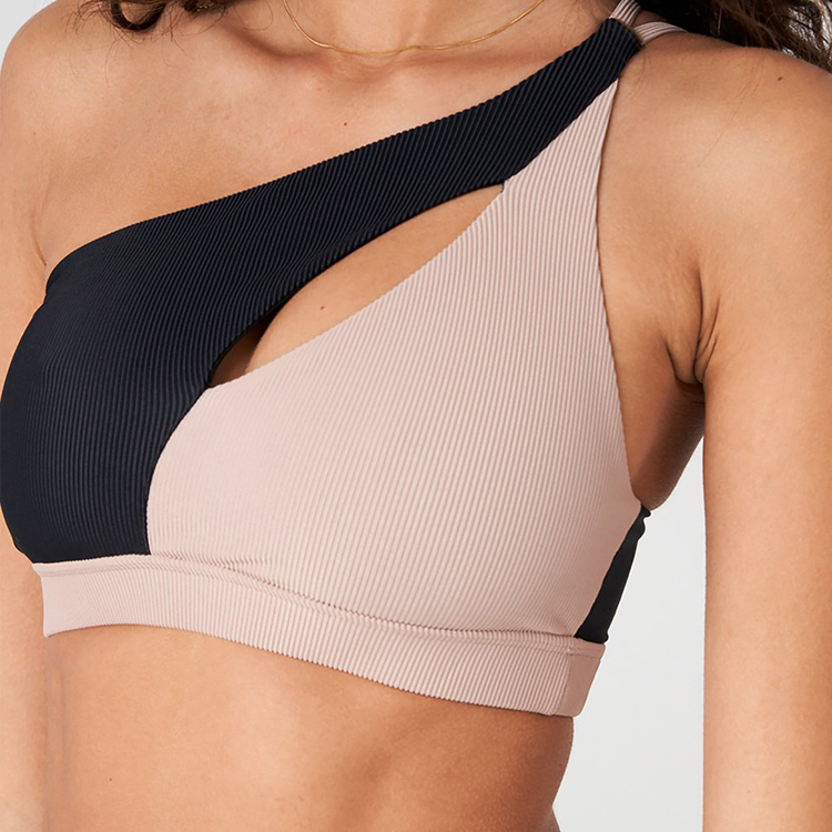 Wholesale Sexy Front Hollow Out Color Block One Shoulder Push Up Women Yoga Sports Bra detail pictures