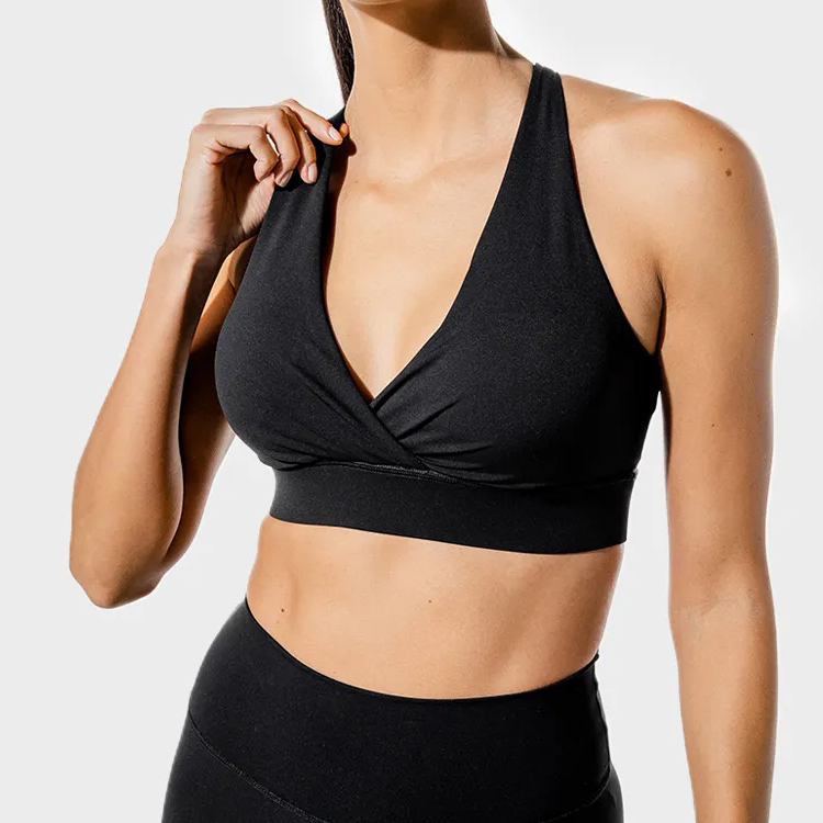 High Rise Four Way Stretch Nylon V Neck Adjustable Strap Women Wrap Sports Yoga Bra