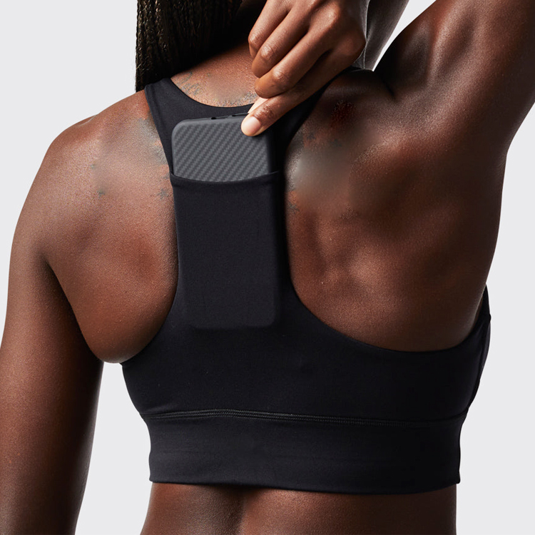 High Quality Back Phone Pocket Front Ruched Push Up Sports Yoga Bra For Women detail pictures