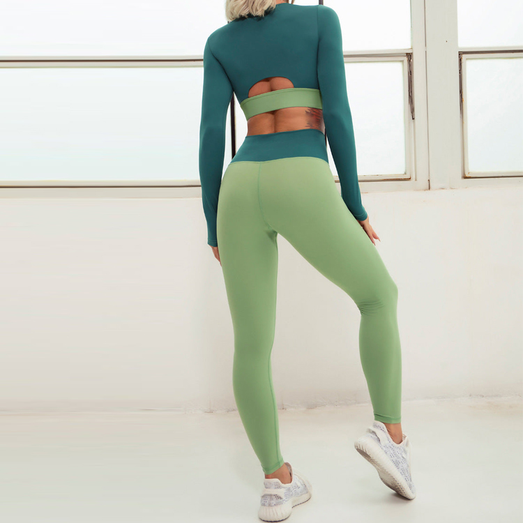 Hot Sell Custom Two Piece Color Block Crop Long Sleeve V Waist Yoga Leggings Set detail pictures