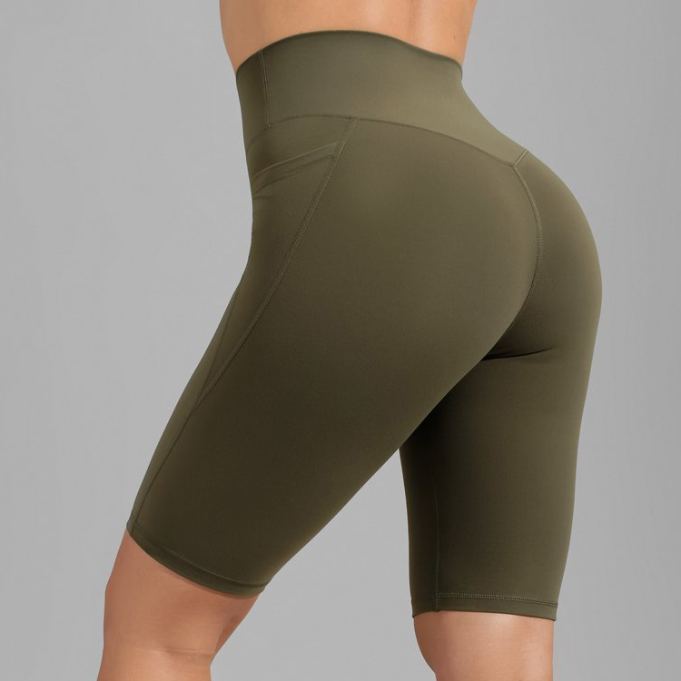 High Stretch Polyester No Front Seam Pocket Biker Yoga Shorts Custom Logo For Women detail pictures