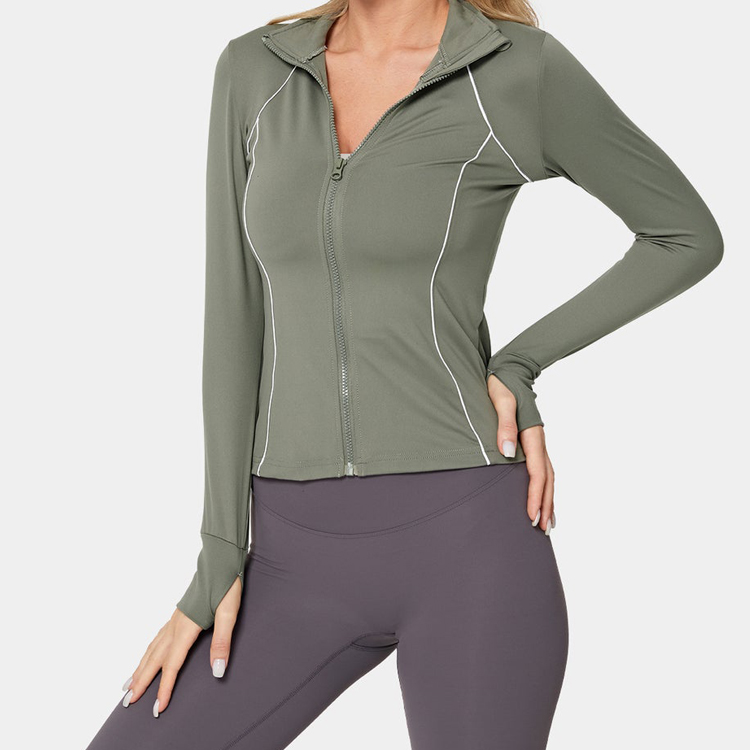 Top Quality Custom Funnel Neck Hole Thumb Contrast Trim Zip Up Sports Jacket For Women detail pictures