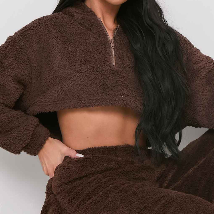Wholesale Custom Embroidery Fluffy Teddy Borg Quarter Zipper Women Crop Fleece Hoodie