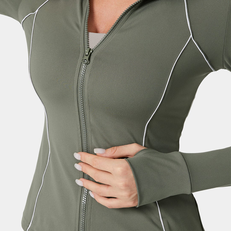 Top Quality Custom Funnel Neck Hole Thumb Contrast Trim Zip Up Sports Jacket For Women detail pictures