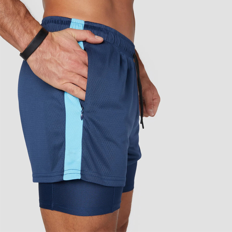 OEM Drawstring Waist Side Strip Fitness Athletic 2 In 1 Mesh Gym Shorts Custom Logo For Men detail pictures