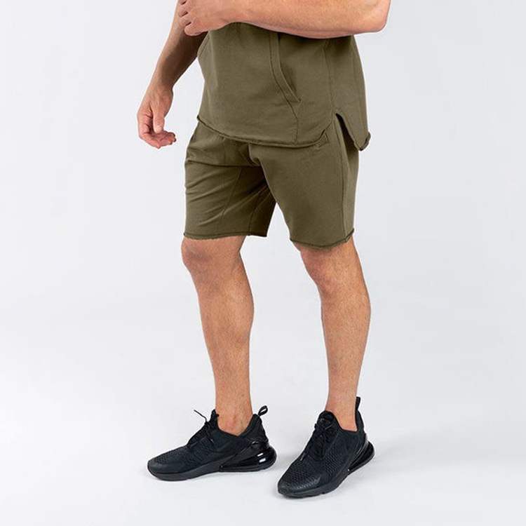 Active Cotton Polyester Drawstring Waist Cut Off Hem Gym Sweat Shorts For Men detail pictures