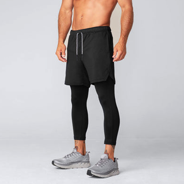 High Quality Quick Dry Drawstring Waist Custom Black 2 IN 1 Gym Shorts Leggings For Men