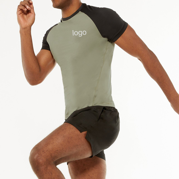 High Quality Quick Dry Polyester Contrast Muscle Fit Raglan Sleeve Gym T shirt For Men detail pictures
