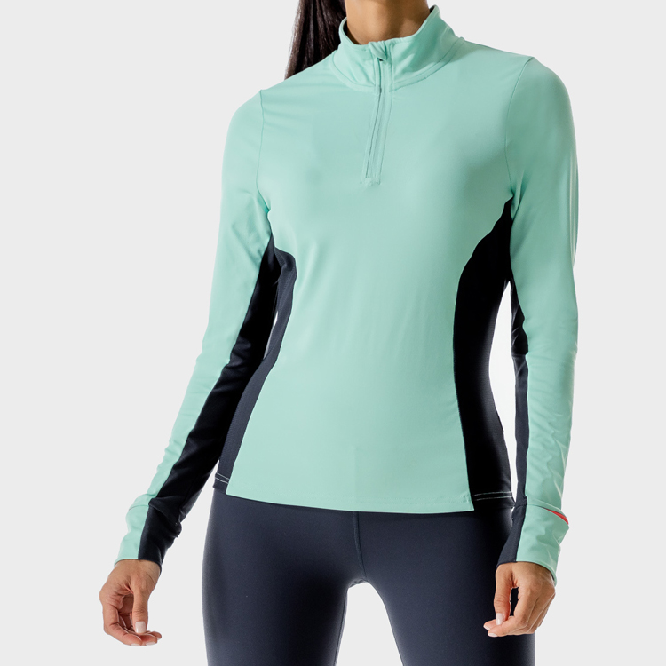 High Quality Color Block Polyester Front Quarter Zipper Women Fitness T-Shirt Custom Printing