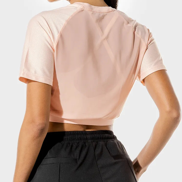 Wholesale Sweat Wicking Elastic Bottom Mesh Panel Custom Fitness Crop T Shirts For Women detail pictures