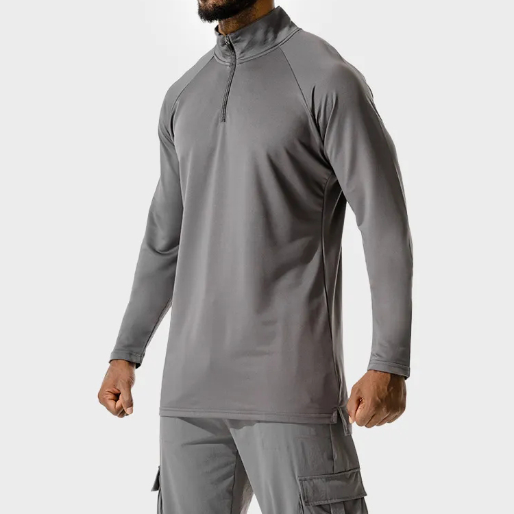 High Quality Quick Dry Polyester Quarter Zipper Long Sleeve Gym Plain T Shirts For Men