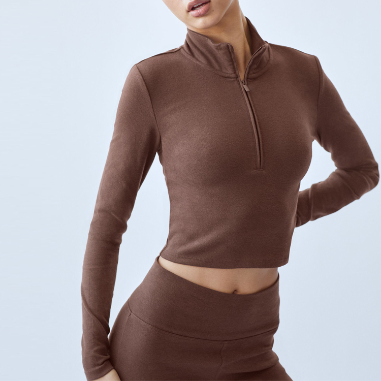 Wholesale Gym Fitness Polyester Half Zipper Long Sleeve Crop T Shirt Custom Printing