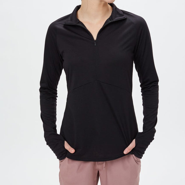 Custom Quick Dry Polyester Quarter Zipper Women Gym Long Sleeve T Shirts With Thumb Hole detail pictures