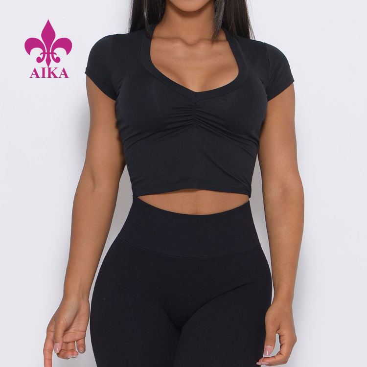 Wholesale Breathable Front Ruched Custom Design V Neck Crop Plain T Shirts For Women